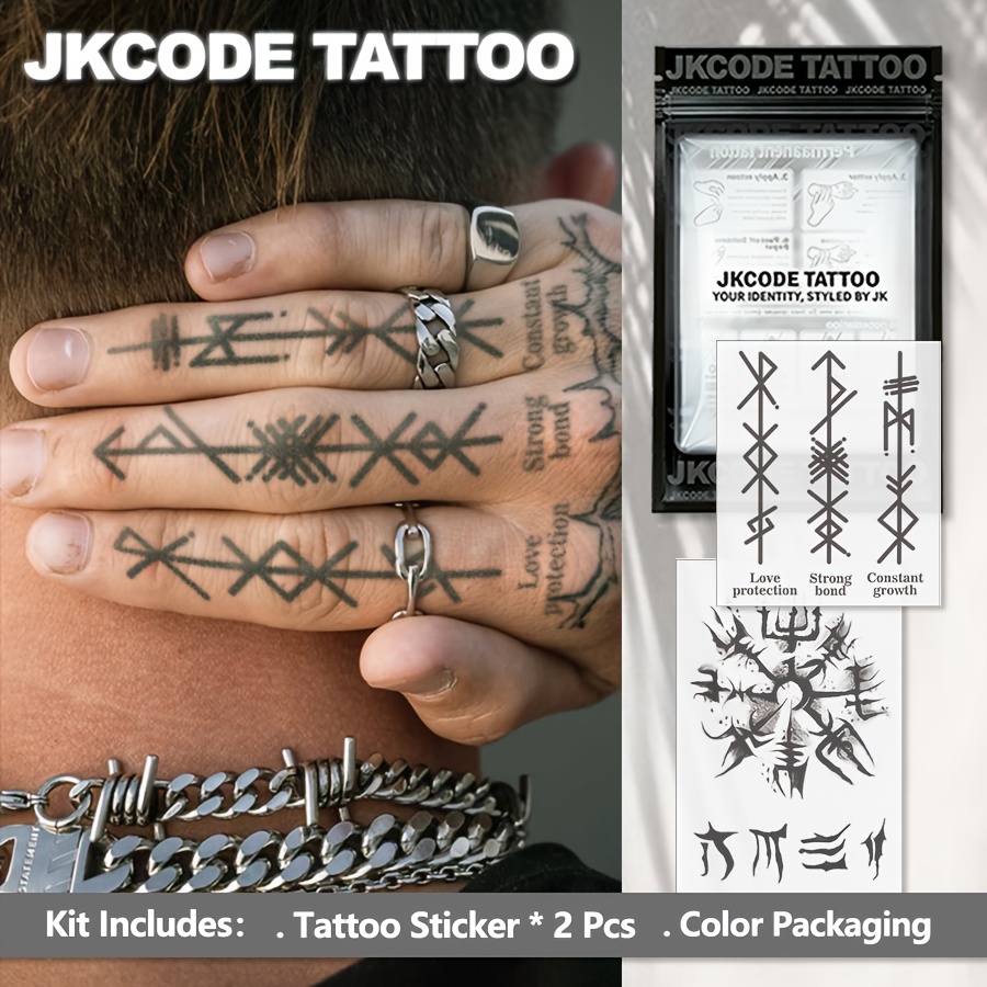 Image of 2pcs Viking Waterproof Semi-permanent Tattoos, [old School Classic] Temporary Tattoos - Easy Designs - Men's Fashion Waterproof Semi-permanent Tattoos For Neck Hand Finger