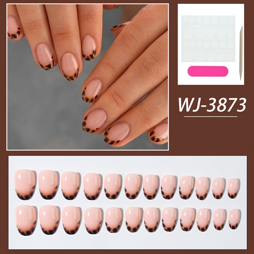 TEMU Einfarbige Kurze Runde Tragbare Nägel mit Leopardenmuster Französischem Minimalistischem Design, 24 Stück Kurze Ovale Kunstnägel, Abnehmbar,