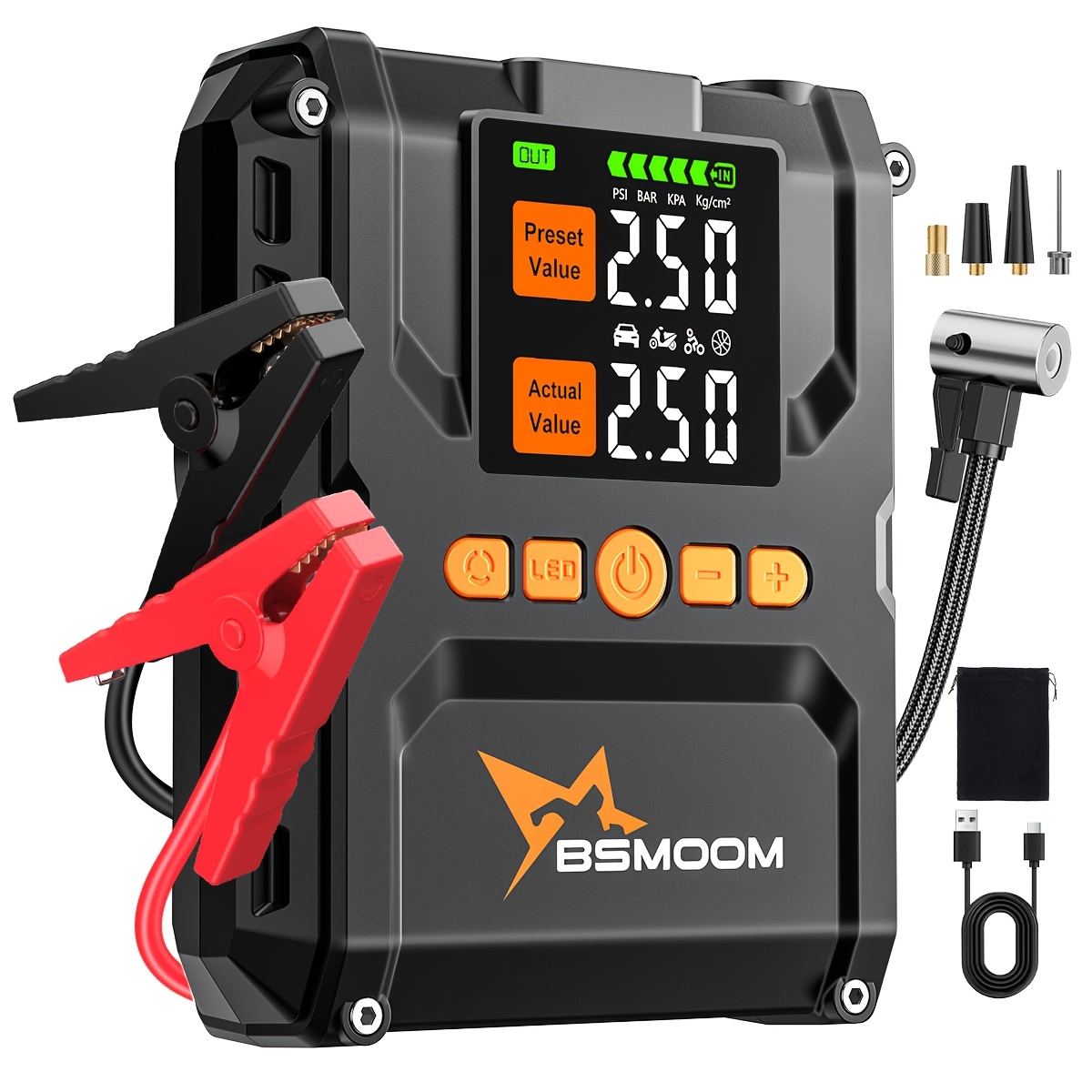   9000a portable car jump starter with air compressor car battery charger 150psi tire inflator inflate   air pump power bank usb qc3 0 outputs led emergency light rechargeable battery   usb dual use
