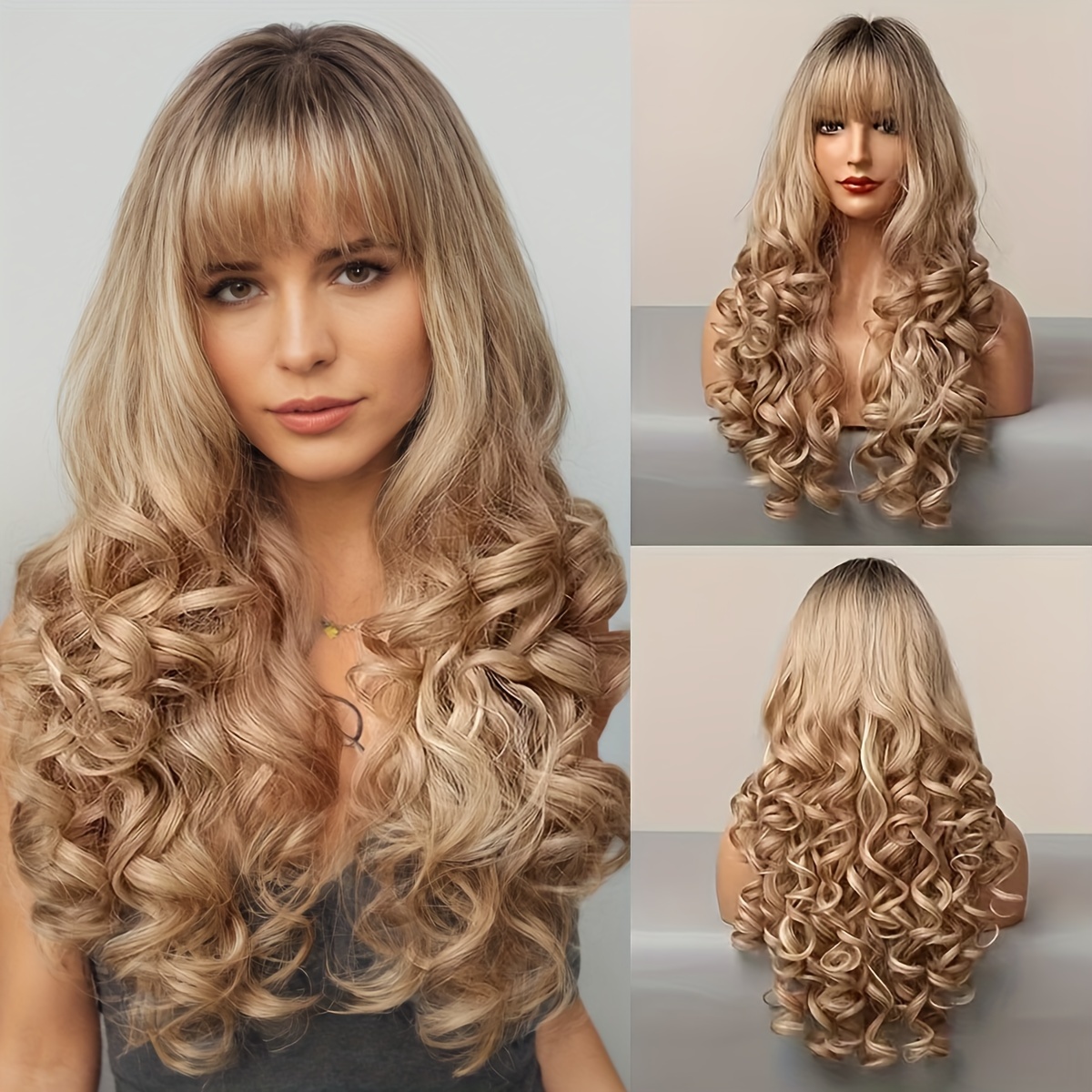 

Long Ombre Wigs With Dark Roots Loose Wavy Synthetic Hair Wig With Bangs For Women Daily Party Cosplay Wear 26 Inch