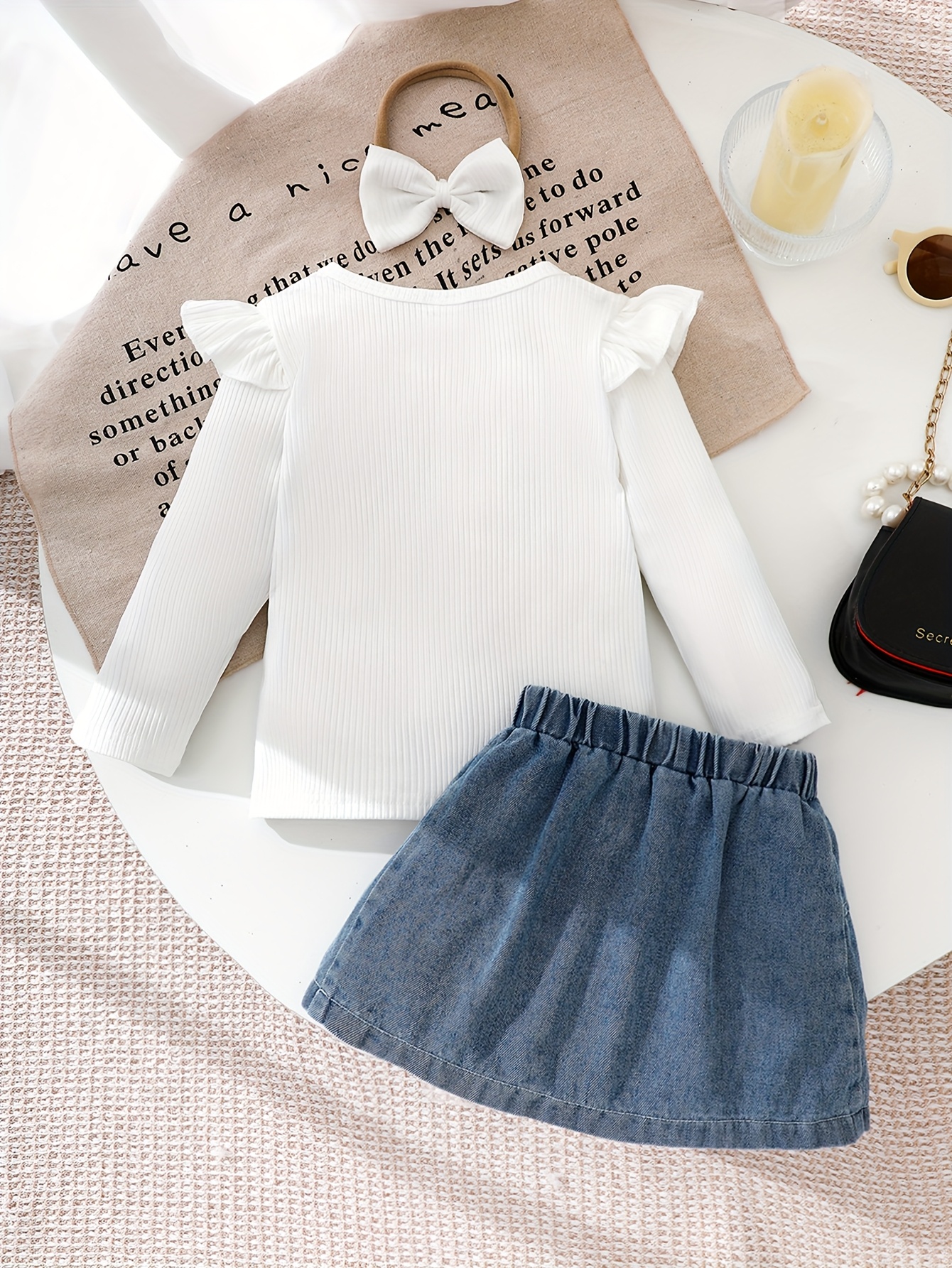   piece set for baby girls featuring a long sleeve top with flutter sleeves made of ribbed fabric for autumn and winter a   denim skirt with a bow and a headscarf   outdoor casual vacations Product details 0