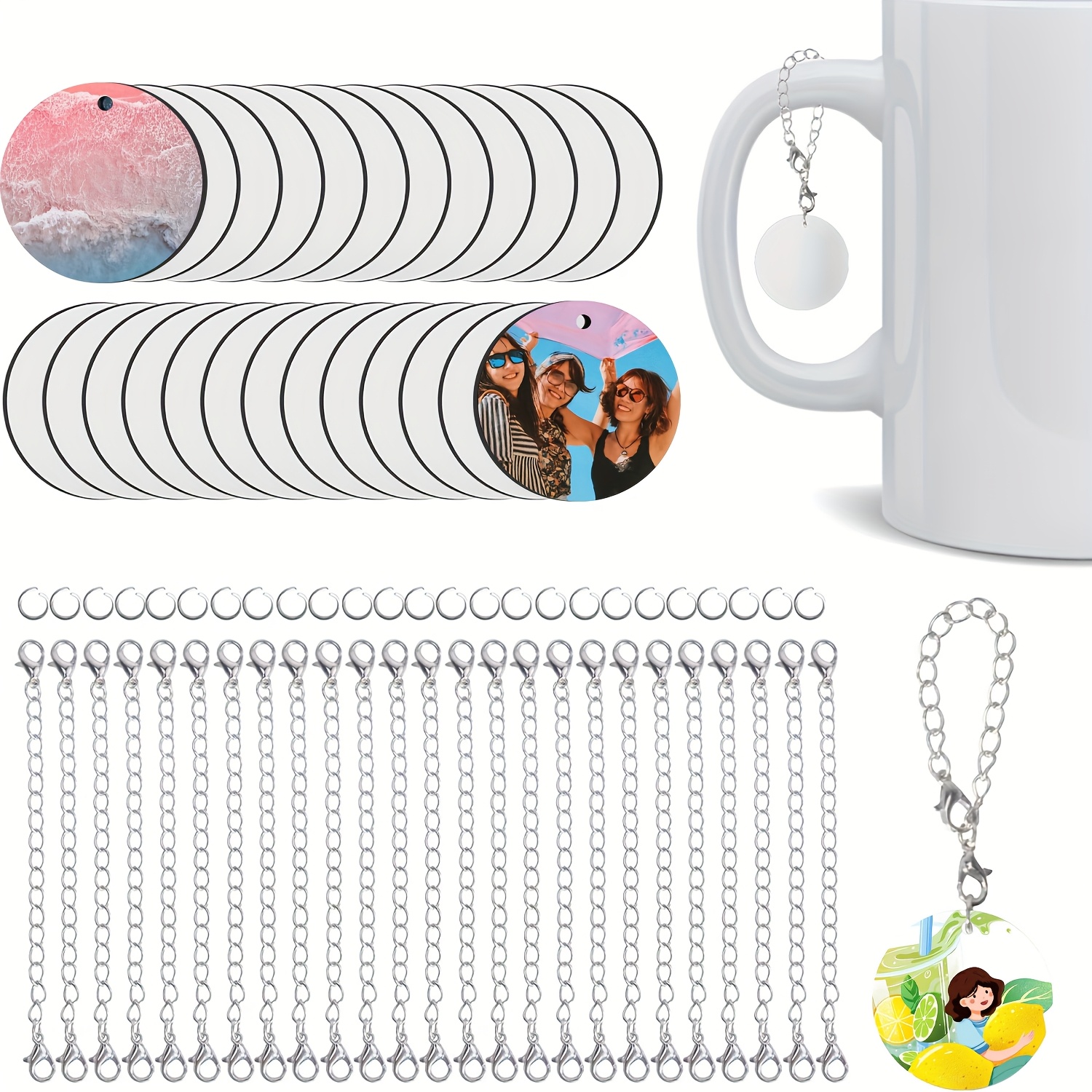 

Kit d'Accessoires de Pendentif de Sublimation Créatif de 25 Pièces Inclut Chaîne, Planche Vierge à - Ronde pour Accessoires de Sac à Main DIY