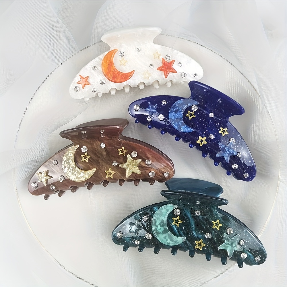 

Acrylic Hair Claw Clips - Elegant Sweet Oval Shark Clip With Rhinestone Moon And Stars, Mixed Color Single Piece For Teens And Adults