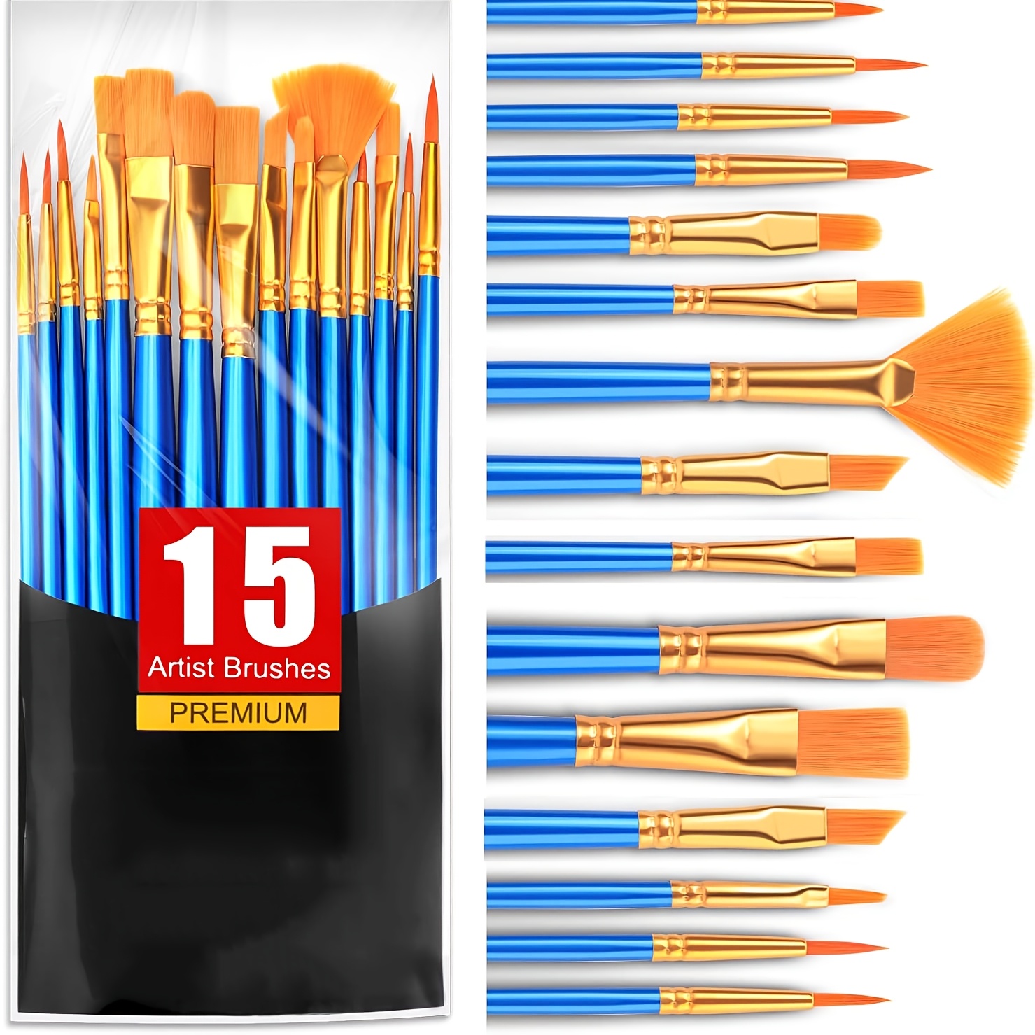 TEMU Juego de 15 pinceles profesionales para con cerdas sintéticas de nailon y mango de plástico - Punta para acrílico, óleo, acuarela, pintura sobre