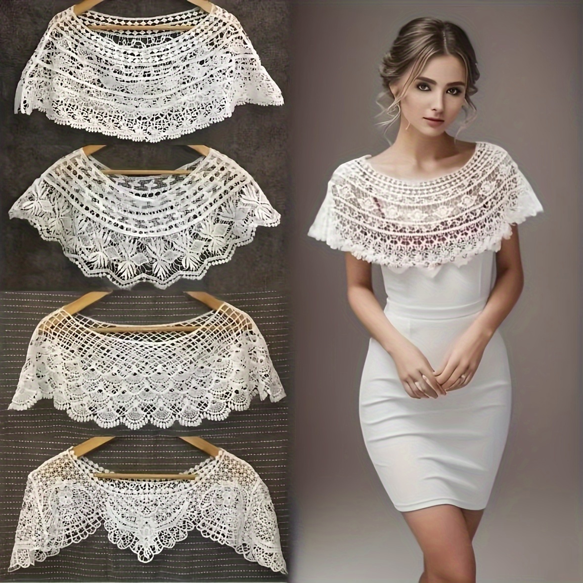 

White Hollow Out Small Shawl Thin Breathable Short Cape Boho Style Elastic Lace Smock For Women