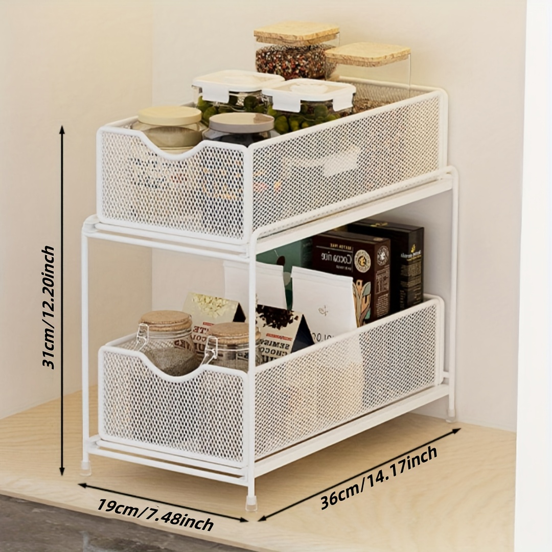 Image of 1pc 2 Tier Metal Under Sink Organizer Rack For Bathroom, Kitchen, Sturdy Steel Mesh Sliding Drawer For Under Sink, Cabinet, Wardrobe, Pantry, Bathroom Storage And Storage Room