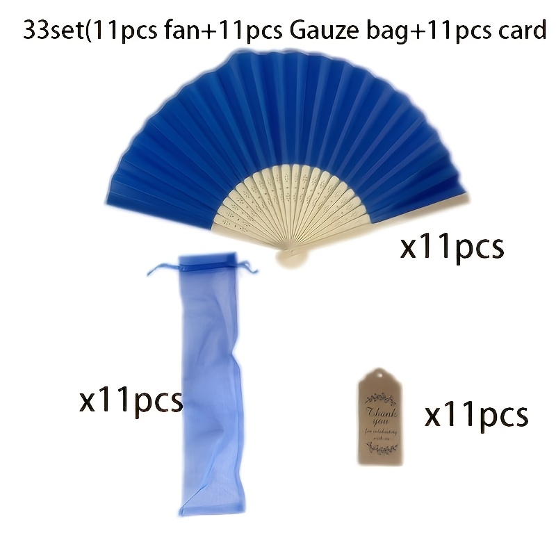TEMU 33pcs/66pcs Set Royal Blue Cloth Bamboo Joint Folding Fans, Wedding Decoration Carnival Style Musical Fans With Organza Bag And Greeting Card
