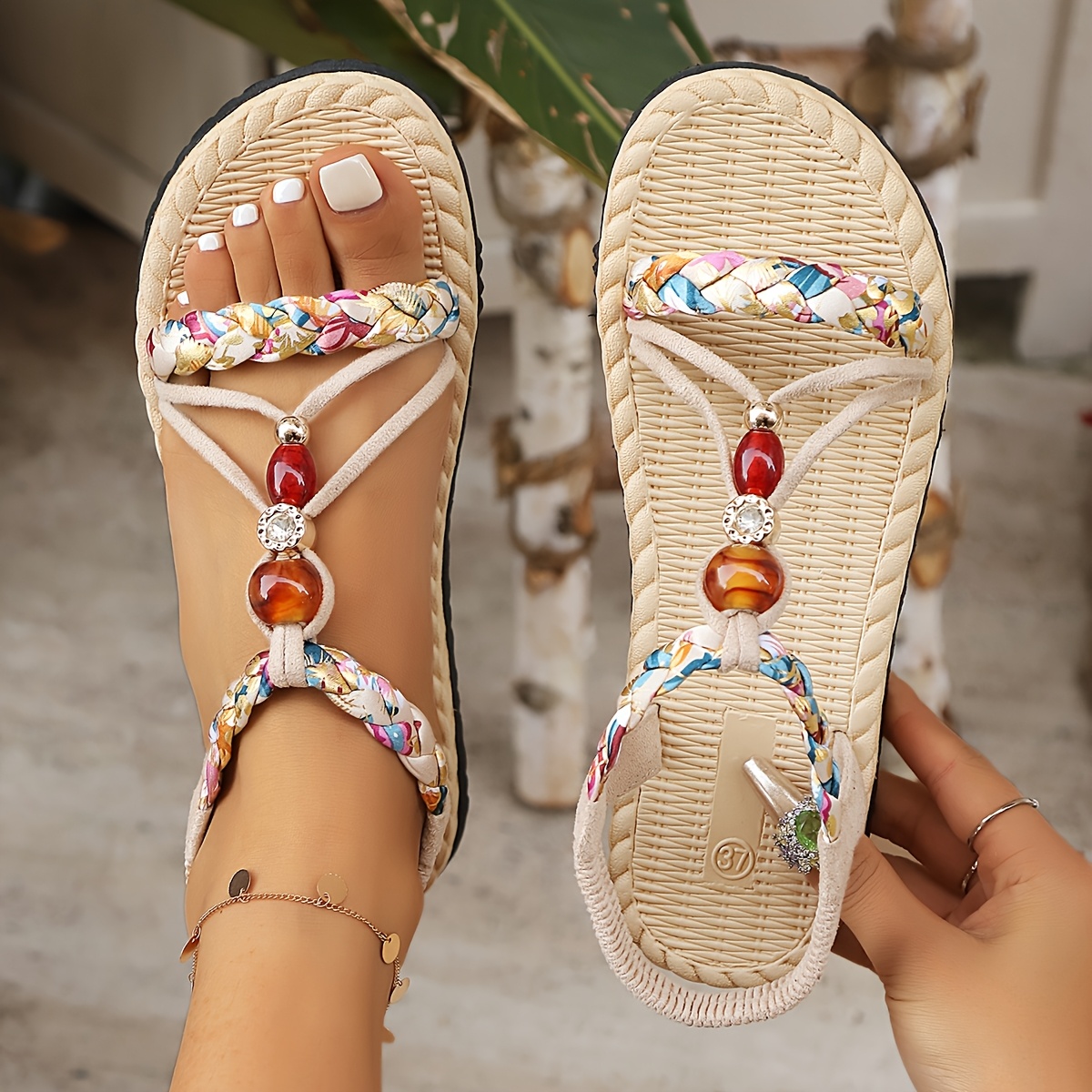 TEMU Ethnic Style Versatile Braided Beaded Comfortable Flat Sandals, Women Shoes
