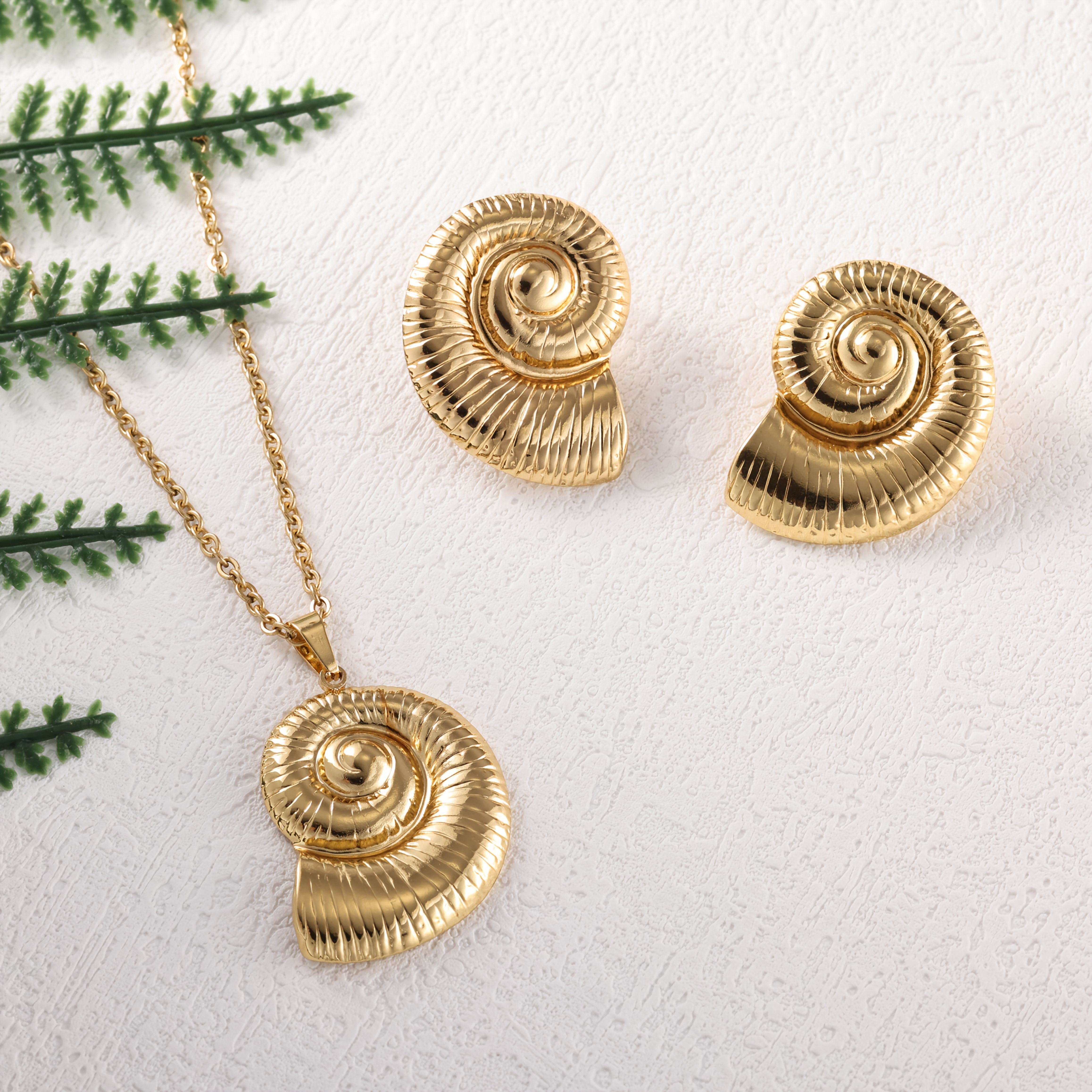 TEMU 3pcs 1 Set Of Fashionable And Personalized Golden 304l 304 304l 304 Stainless Steel Conch-shaped Necklace And Earrings Combination Suitable For
