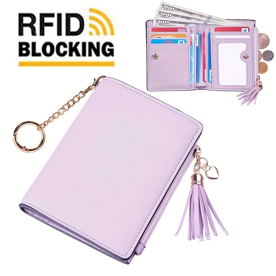 

Rfid Women's Compact Bifold Slim Wallet With Tassel And Zippered Coin Compartment Including Keychain