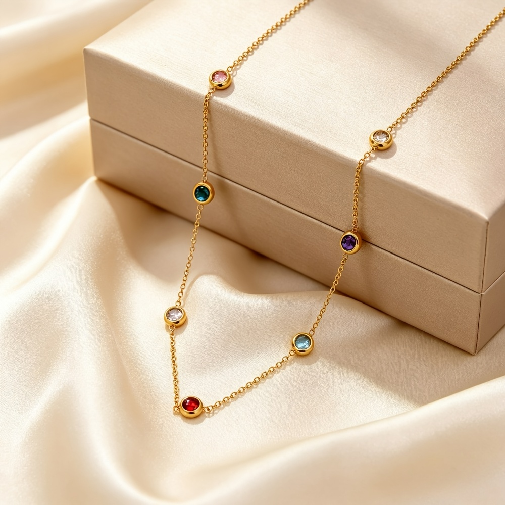 Women's Multi-Color Round Cubic Zirconia Necklace, 18K Gold-Plated