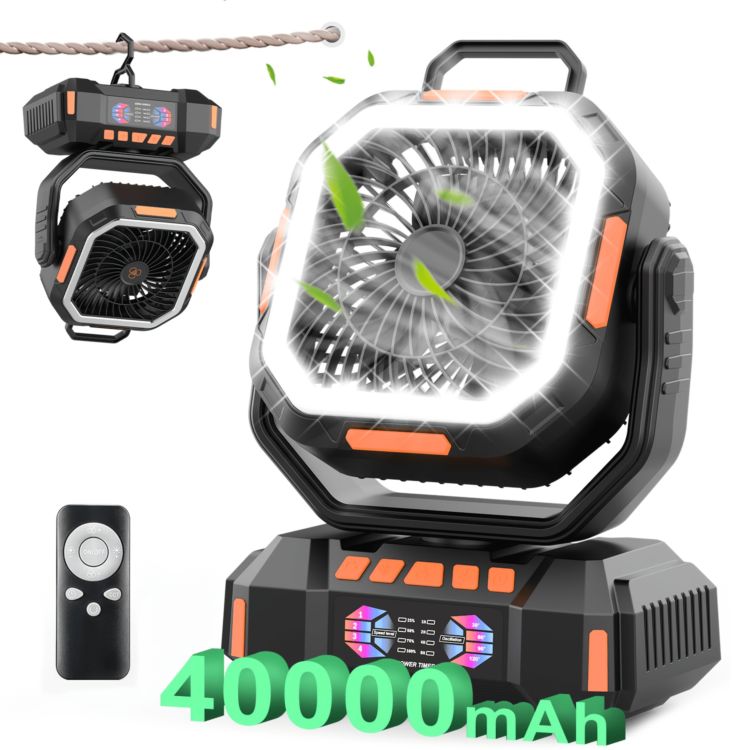 TEMU Portable Camping Fan, 40000mah Rechargeable Battery Powered Fan With Led Lantern, Battery Operated Fans, 164hrs & 4-speed Cordless Oscillating,
