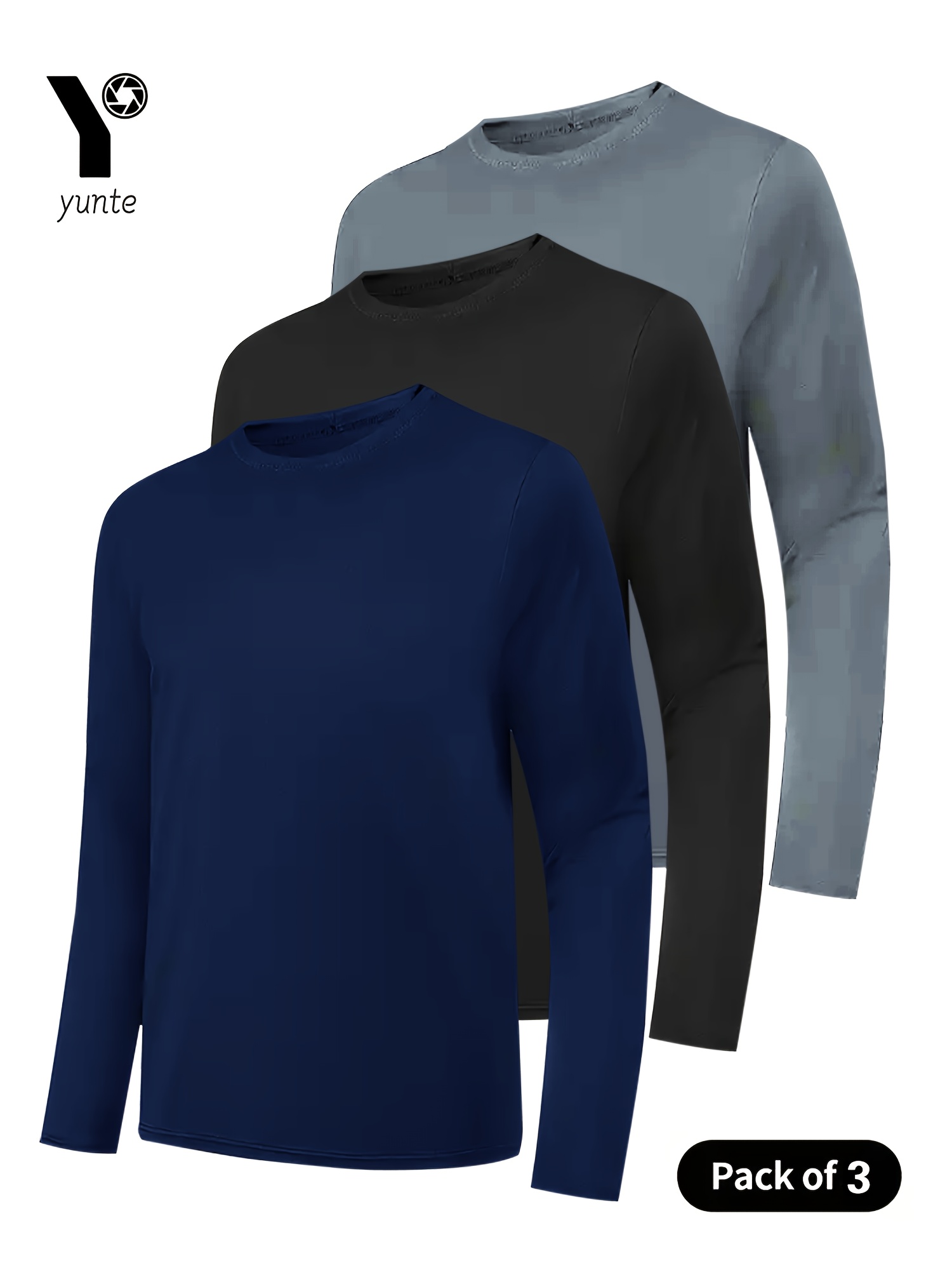 3pcs mens long sleeve crewneck shirts in navy black and gray quick dry athletic tops fitness workout wear casual outdoor sportswear   training shirts