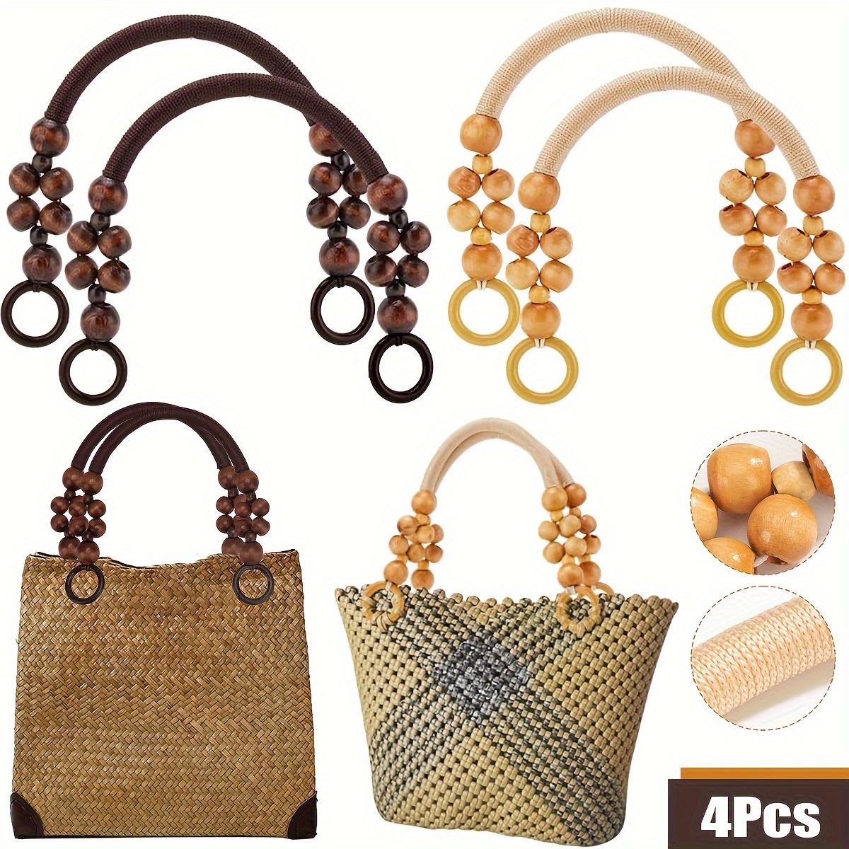 

4pcs Rustic Wooden Beaded Purse Handles, " - Dual-tone With Golden Accents, Includes Nylon Straps & Hanging Rope - Ideal For Diy & Crochet Bag Projects, Beach Bag, Diy Wallet Making