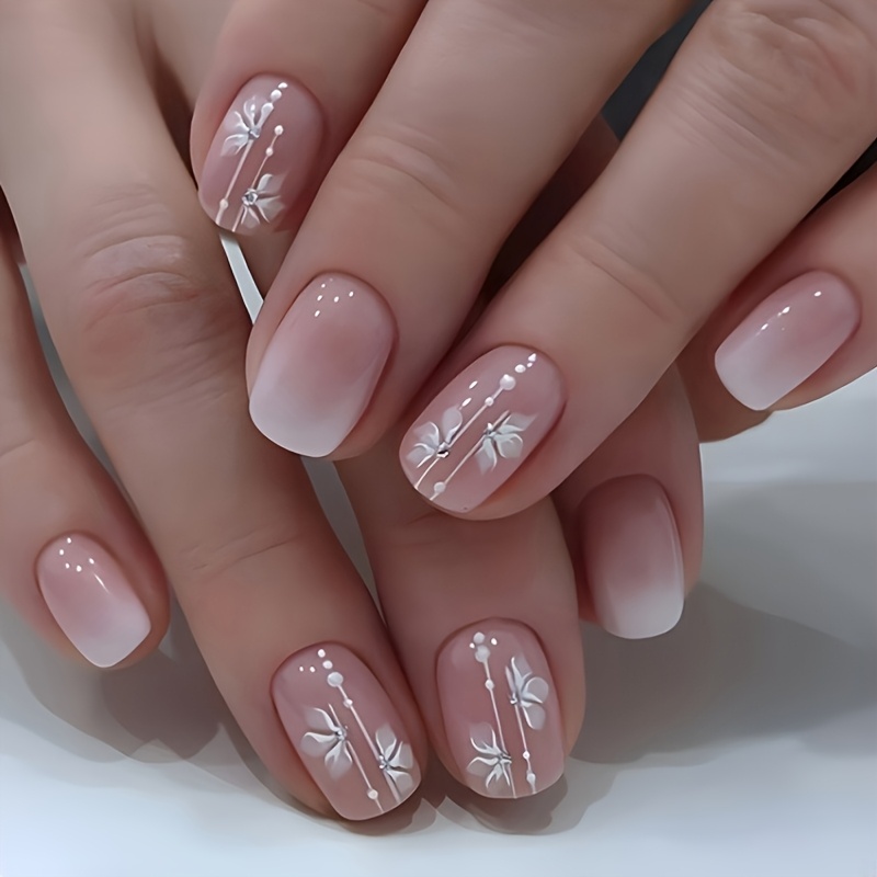 TEMU Faux Ongles Ovales avec Poudre Nude Dégradée, Autocollants pour Ongles Papillon . Nail Art Brillant. Design d'Ongles pour . Nail Art Amovible.