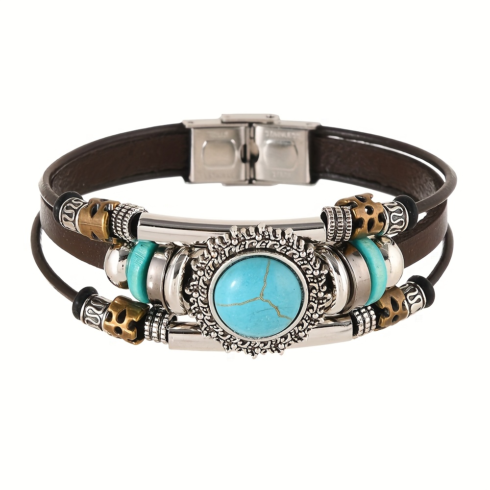 TEMU Ladies' Fashionable Sunflower-inlaid Turquoise Genuine Leather Stainless Steel Bracelet