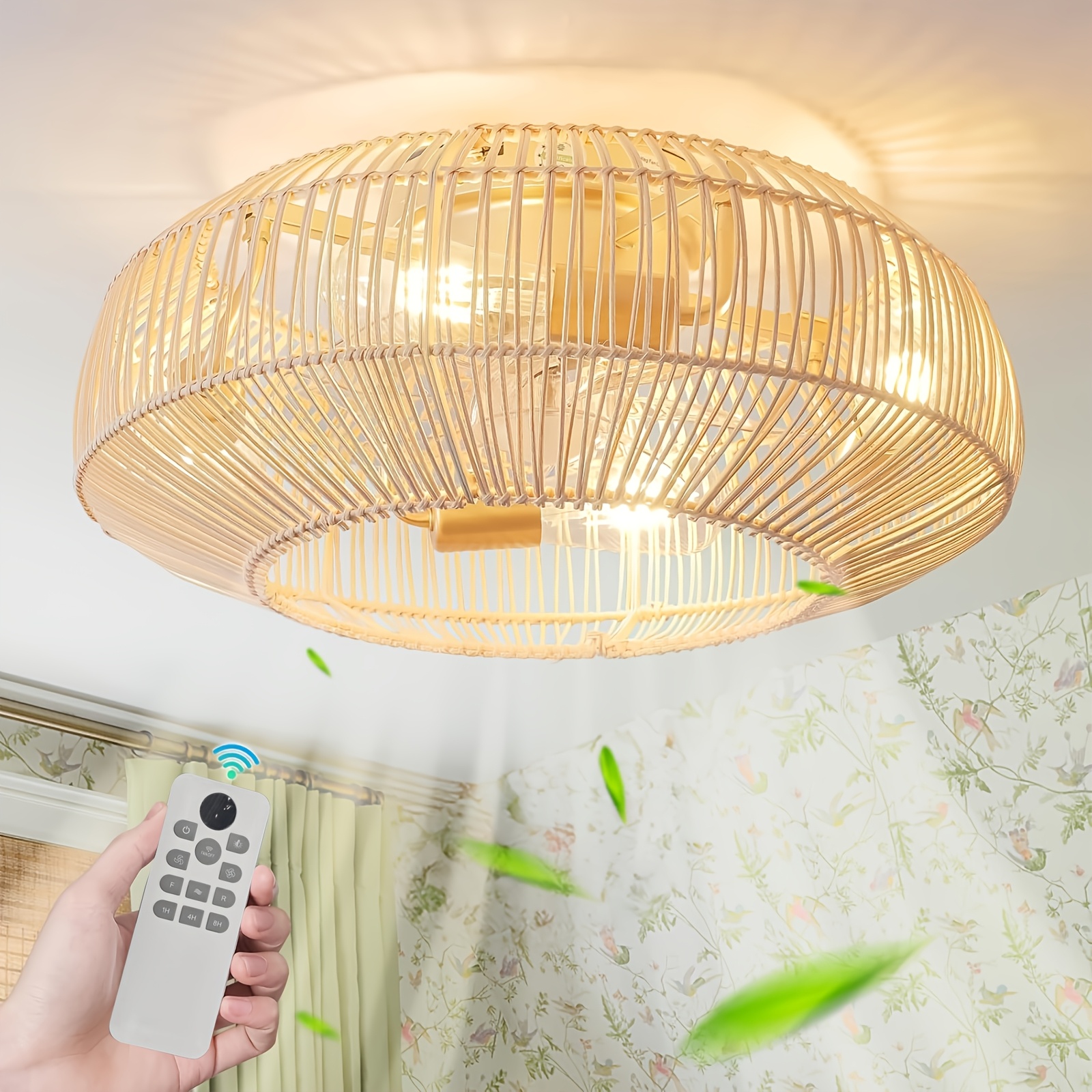 Image of (without Light Bulb) Ceiling Fan With Light, E27, Vintage Rattan, Ceiling Fan With Remote Control, Quiet, Ceiling Lamp With Fan, 6 Wind , Lamp With Fan, For Living Room, Dining Room