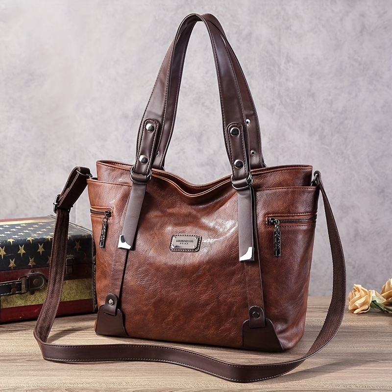 Soft Pu Women's Large Capacity Vintage Handbag, High-end Tote Bag, Stylish Shoulder And Hand-held Bag