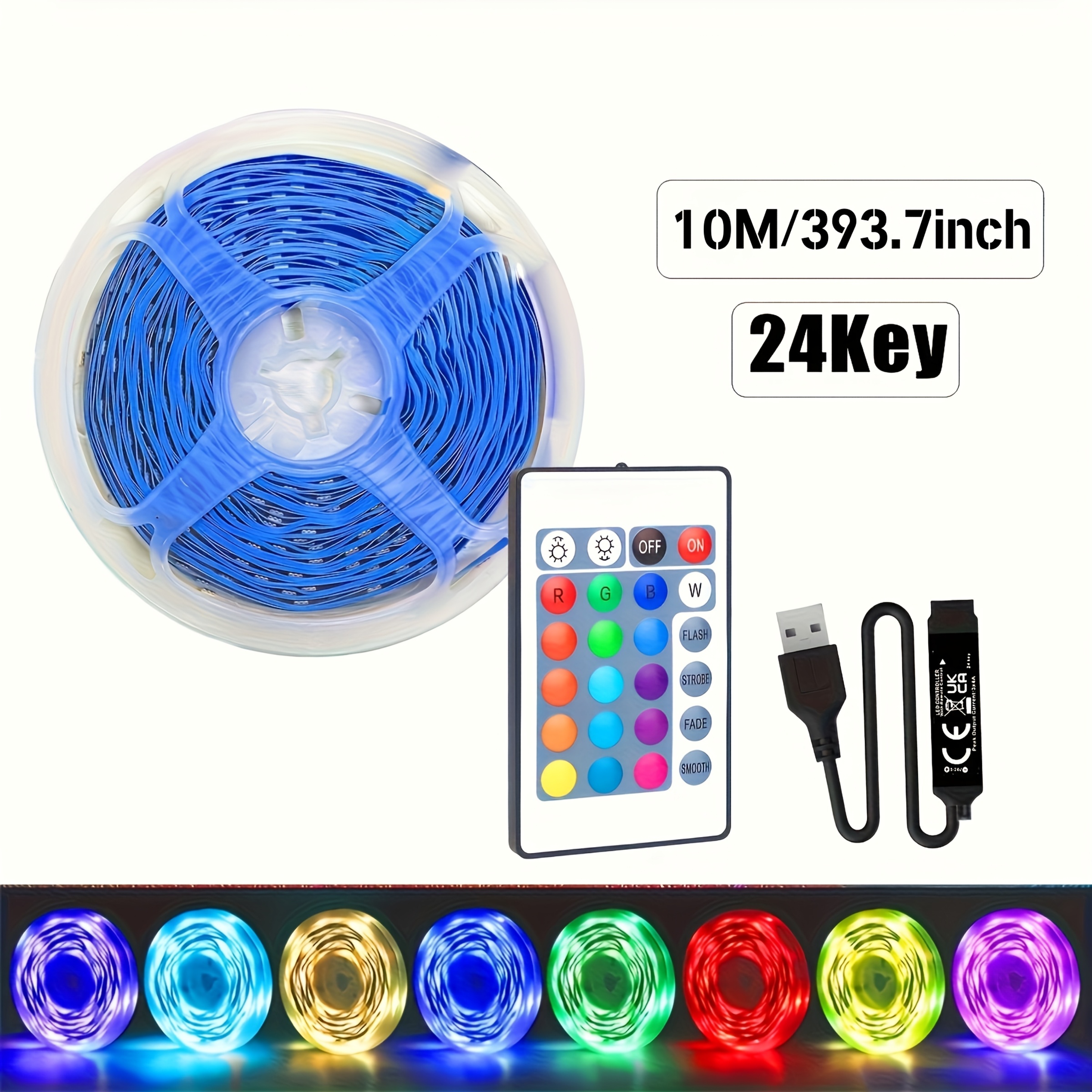 TEMU 32.8ft Led Strip Light With 24-button Infrared Remote Control, Dimmable And Color-changing, Suitable For Bedrooms, Living Rooms, Family Parties,