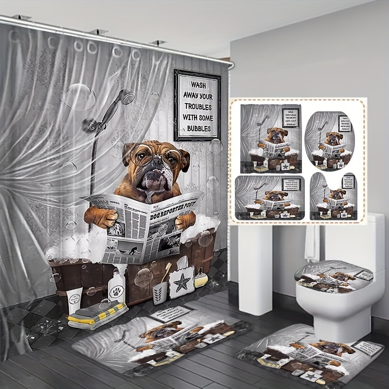 

1/3/4pcs Bulldog Newspaper Print Shower Curtain Set, Waterproof Bathroom Curtain With Free Hooks, Non-slip Rug, Toilet Lid Mat And Bath Mat, Bathroom Accessories