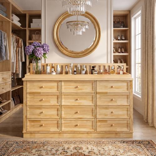 Modern 100% Solid Wood 12-Drawer Dresser Cabinet, Wooden Chest of Drawers with Top Shelf, Storage Cabinet for Living Room And Bedroom, Stylish Design, Large Storage Space, Brown