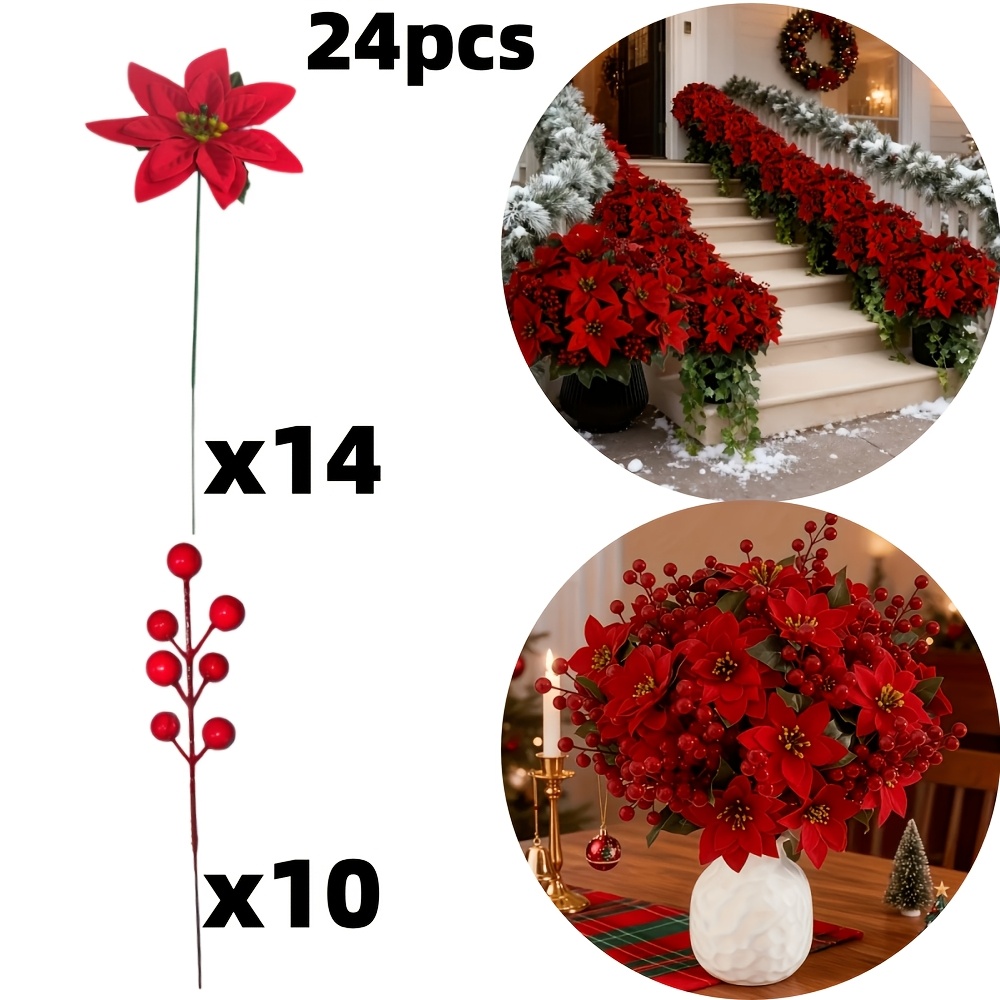 TEMU 24pcs Artificial Red Berries And Flowers - Decorations With Fake Flowers And Green Leaves - Durable Material, No Maintenance Needed - Suitable