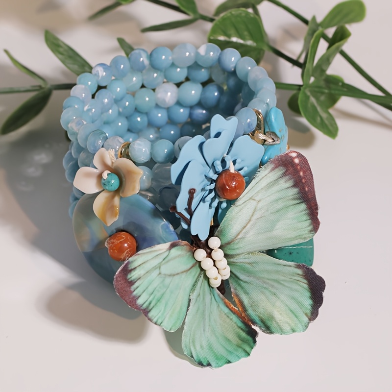 TEMU 1pc Elegant And Fashionable Three-dimensional Floral Blue Beaded Bracelet - Suitable For Daily And Vacation Wear