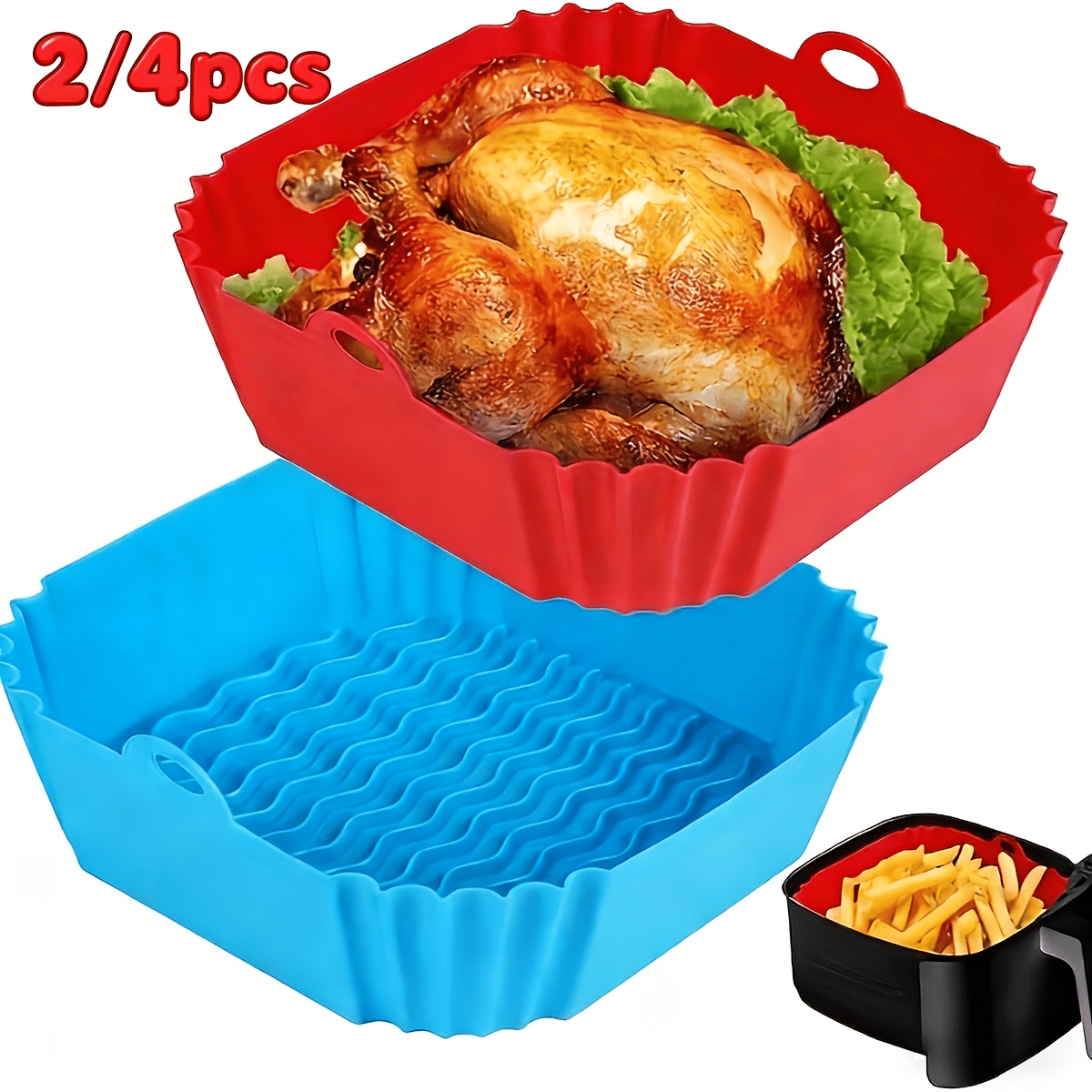 2 4pcs reusable square silicone air fryer liners air fryer additions for 5 8  fryer non stick air fryer pot basket liners for baking roasting microwave red blue