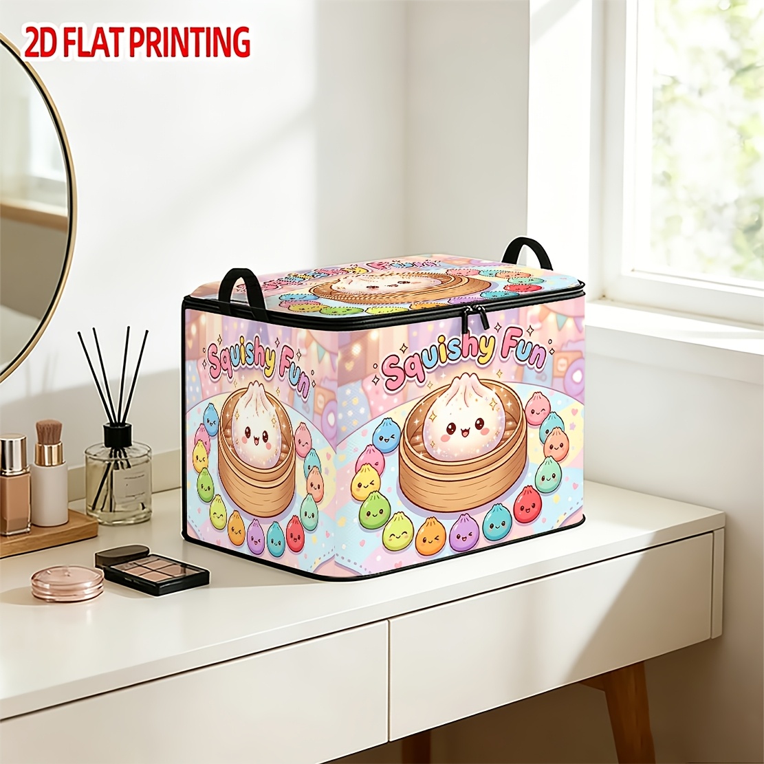 TEMU 1pc Pastel Foldable Zipper Storage Box Organizer With " Fun" Pattern, Oxford Cloth Suitable For Travel, Moving, Clothes, Bedding Storage - Lid,
