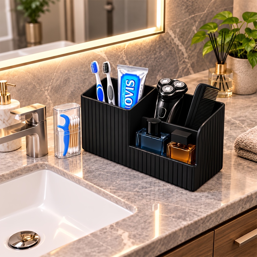TEMU 2pcs [black Storage Box And Dental Floss Holder] Large Capacity Plastic Toiletries Container, 3-compartment Toothbrush Organizer, Suitable For
