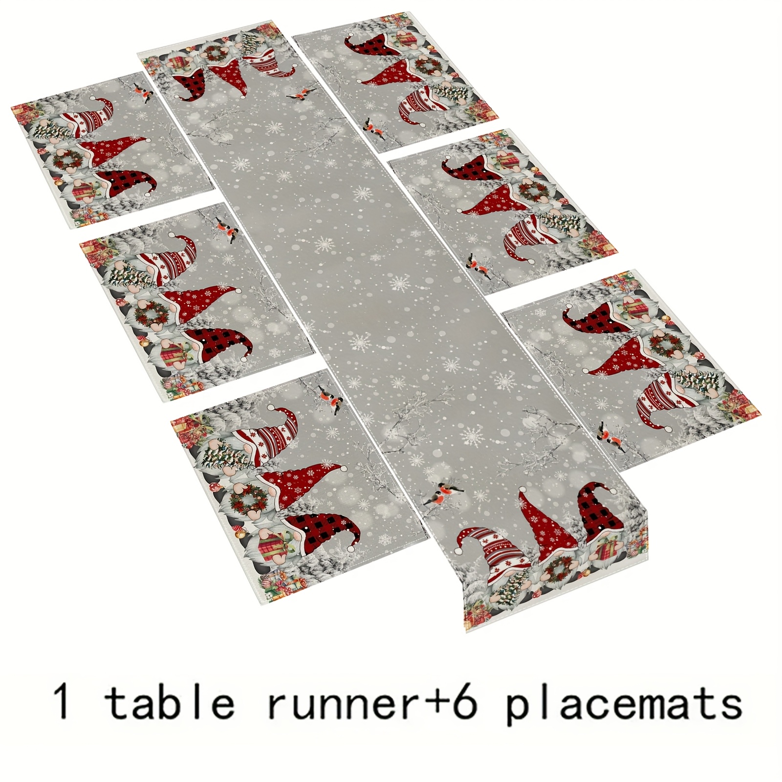 5/7pcs Christmas Tablecloth Placemats Runner With Gray Dwarf Fantasy Snow Tree Branches Design For Kitchen Dining Room /wedding Decor