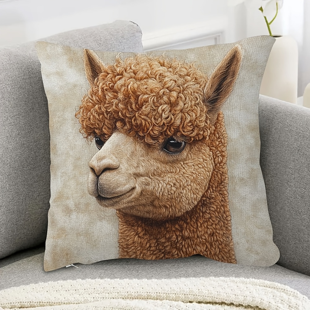 

1pc Alpaca Print Pillowcase, 18x18inch, Short Plush, Double-sided, Contemporary Style, Machine Washable, Zipper Closure, Woven Polyester, Decorative Cushion Cover For Room Types - No Insert