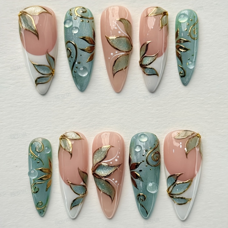 TEMU 10 Stk. XGV Luxus-Press-On-Nägel, Mandelform, mittlere Länge, geeignet für Damen, glänzende grüne Glitzer- & goldene Chrom-Katzenauge-Gelnägel