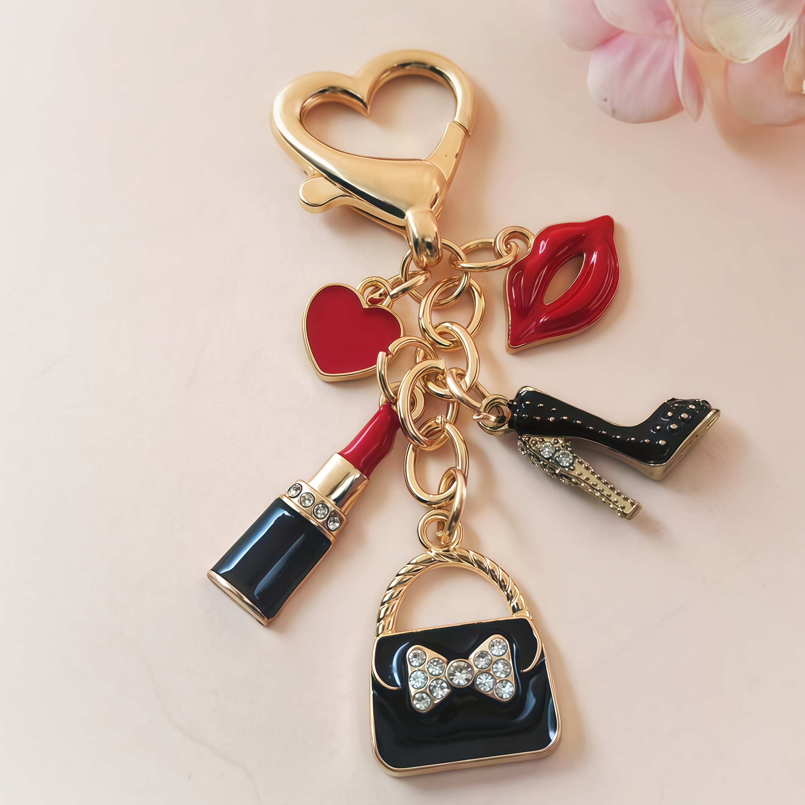 TEMU Llavero de aleación con dijes de lápiz labial, tacones altos y dije de bolso con cierre de langosta de la serie Hu , llavero de esmalte con