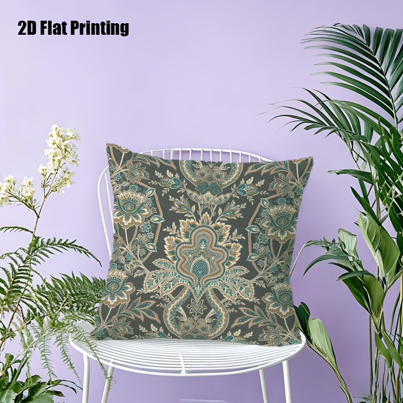 2D Flat, Terrace Cushion Cover, 1pc 18X18 Inches Square Pillow Cover, A Dark Gray Background Features an Intricate, Symmetrical Pattern with Teal, Cream, And Golden Floral Motifs, Including Large Central Blooms, Leaves, And Scrollwork