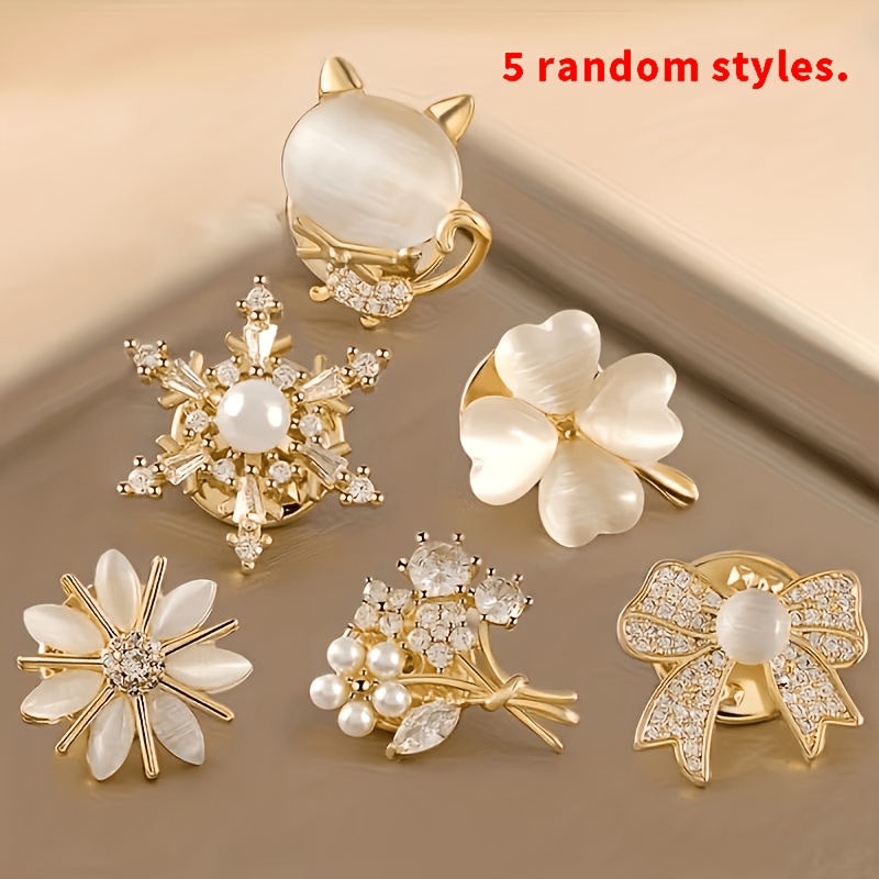 TEMU 5pcs Boutons Antidérapants pour Femmes Style Aléatoire - Design Nœud de Fleur en Dentelle et Cristal, Dorés avec Accents Multicolores, Parfaits