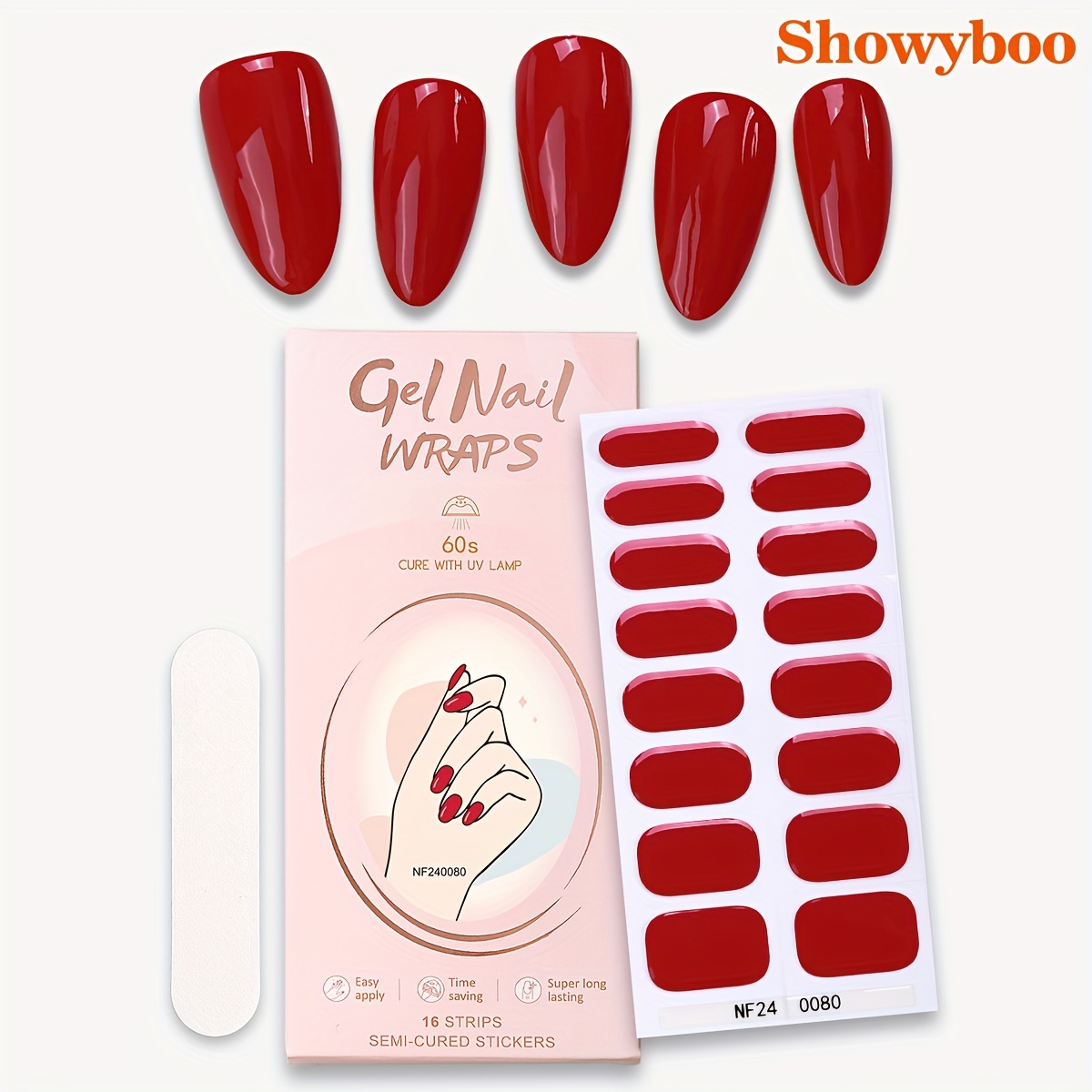 

16pcs Semi-cured Gel Nail Wraps Solid Red - Self-adhesive Plastic Nail Strips With Glitter , Single-use Nail Embellishments, Includes Nail File, Uv Lamp Needed For Diy Nail Art