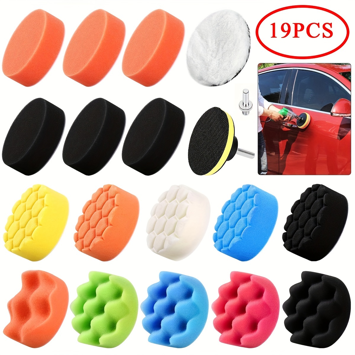 

19pcs Car Polishing And Detailing Set, Buffing Pads With Sponge, Wool Pad, And Sponge Wheel, Auto Waxing And Maintenance Kit With Plastic Materials