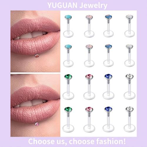 16 stück einfache acryl-lippenstecker, schimmernder exquisiter strass-stil, rohrdurchmesser 16g, stablänge 6/8/10mm, lippenpiercing-schmuck, bequem für den täglichen gebrauch, bestes geschenk für partys, feiertage und festivals