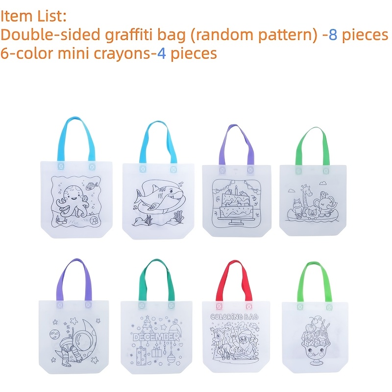 Image of 12pcs Diy Gift Bag Set: Includes 8 Tote Bags + 4pcs Of 6- Colored Pencils. Features Double-sided . Reusable Non-woven Shopping Bags Are Perfect For Party Gifts, Art Supplies, And . An