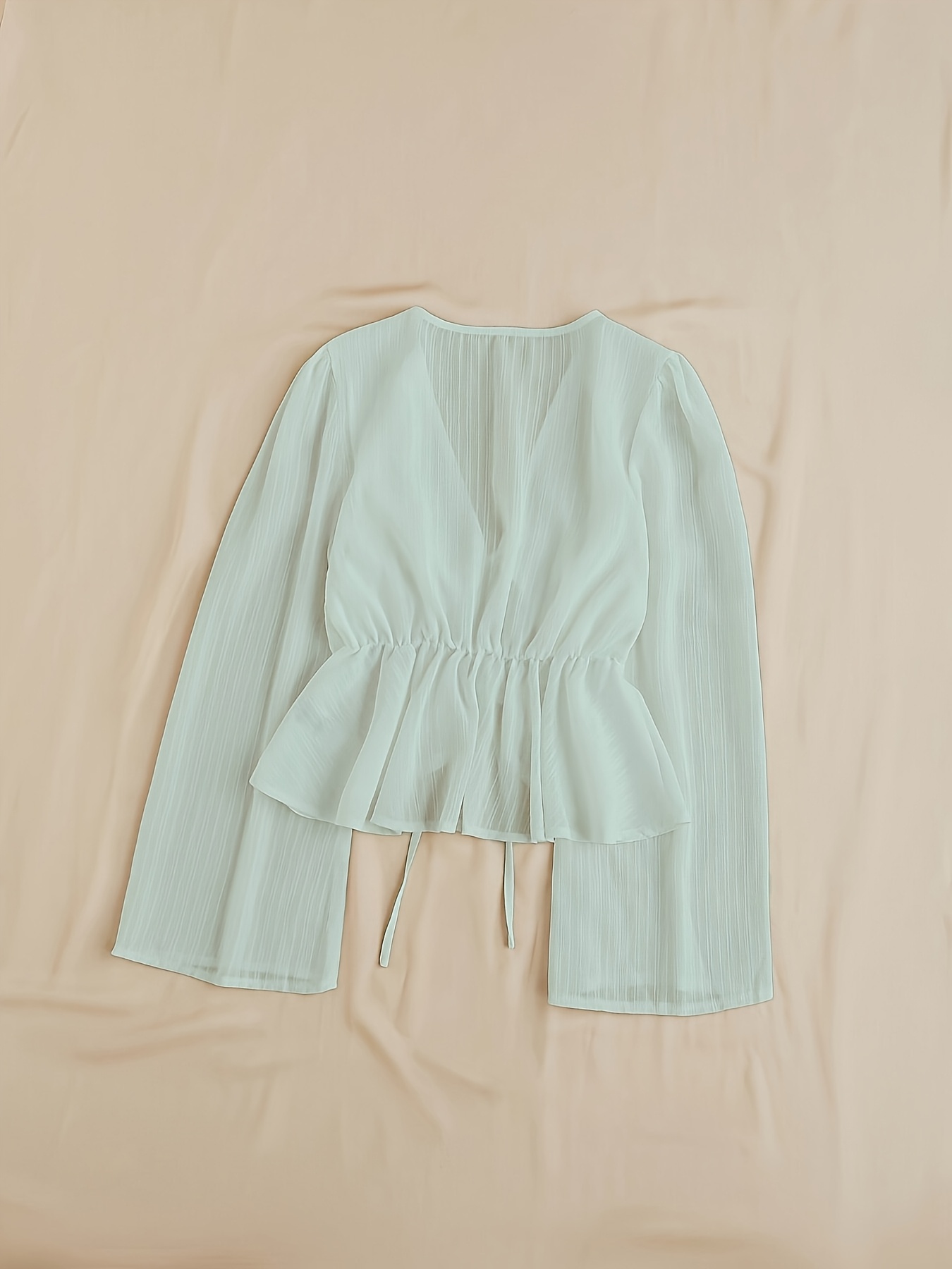 Elegant V-Neck Tie-Waist Blouse with Ruffled Sleeves and Lace Detail - Light Blue, Perfect for Spring/Summer, Adult Women'S Clothing, Casual Attire|Ruffled Sleeve Top|Lace Detail Top, Ladies Blouses
