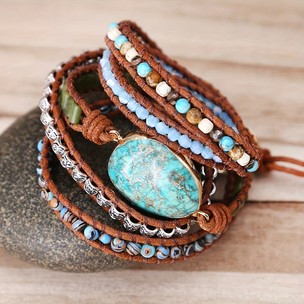 

5 Wrap Bracelet Handmade Natural Stone Green Opal Leather Boho Bracelets Jewelry Gift For Women Girl