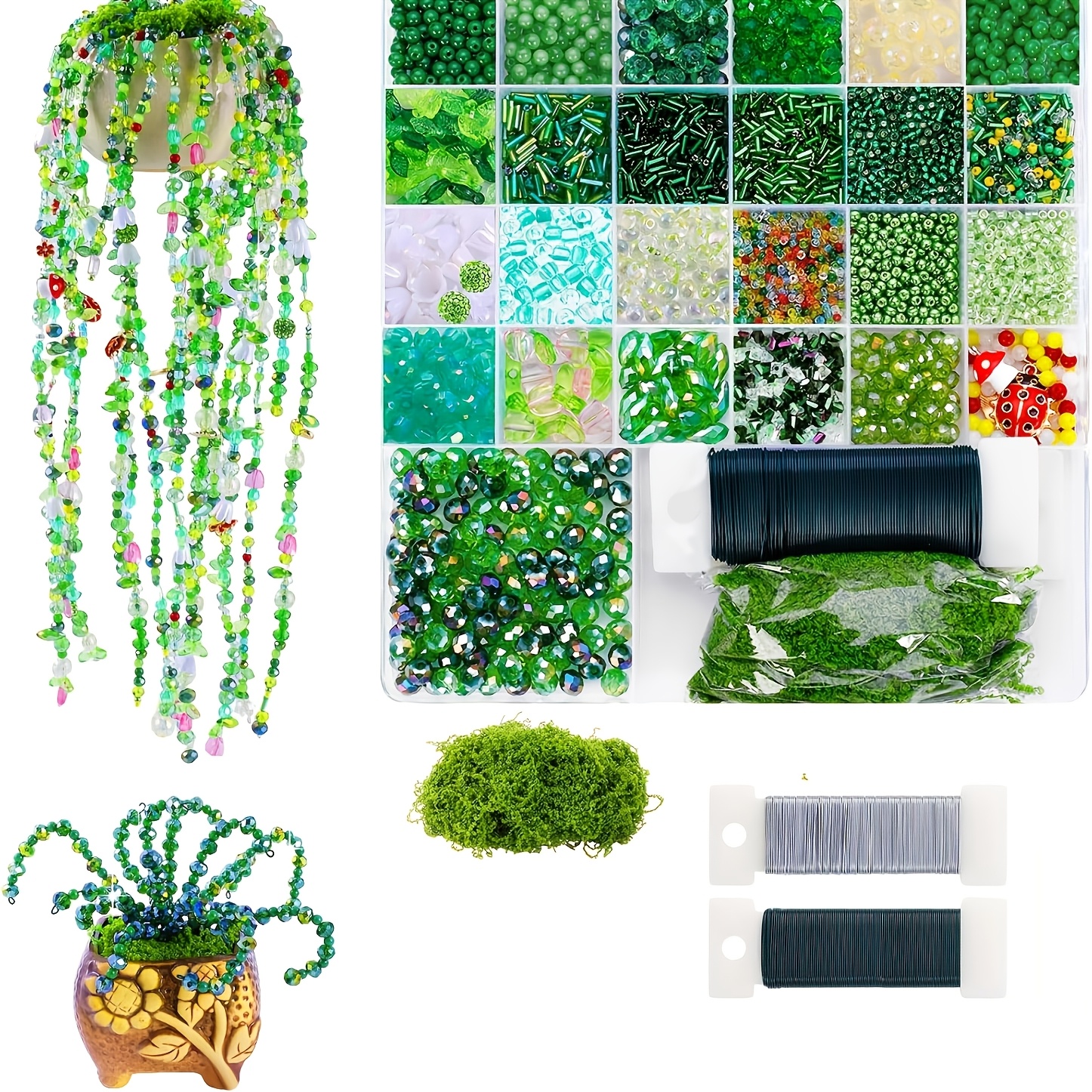 Image of 5422pcs Beaded Plant Set, Permanent Plant Set, Green Beads For Plant Making, Green Beaded Plants, Colored Tree String Leaf Beads For Diy
