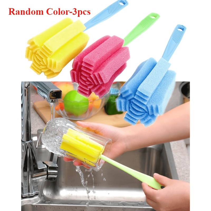 3pcs Kitchen Cleaning Set: Reusable Sponges, Brushes With Handle For Glassware & Mugs – Commercial/home Use (random Color-3pcs)