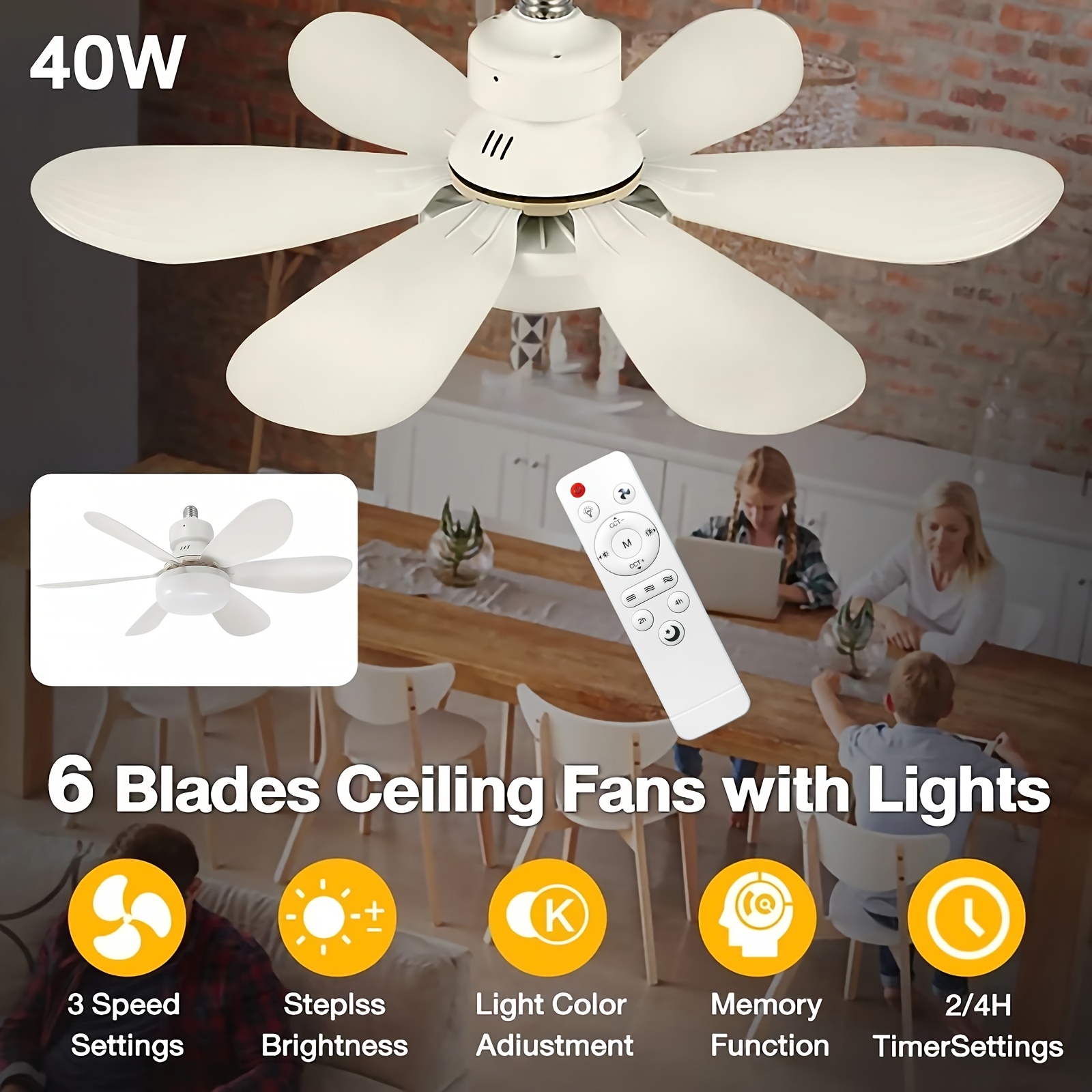 Ventilador de Techo con Luz y Control Remoto, Iluminación LED con Ventilador, 3 Velocidades de Flujo de Aire Silencioso y 3 Temperaturas de Color (3000K-4500K-6500K), Instalación Sin Herramientas + Temporizador, Ventilador de 6 Aspas E26/E27, Ideal para Dormitorio, Sala, Cocina, Garaje, Tiendas y