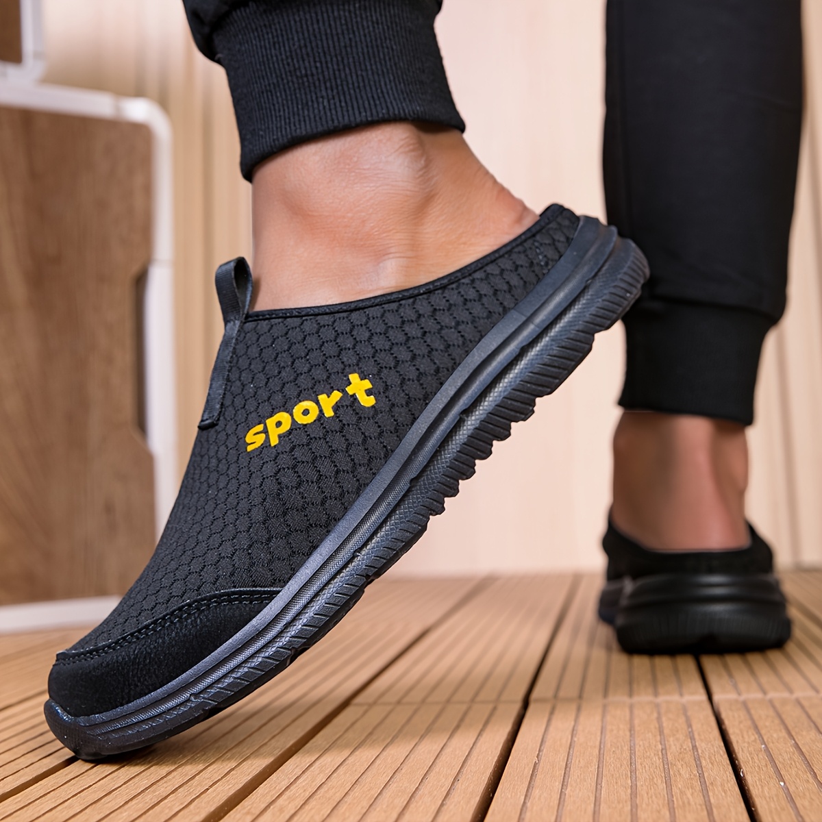 mens slip on mules sneakers lightweight black fabric half slippers with sport print comfortable eva sole for indoor outdoor casual wear