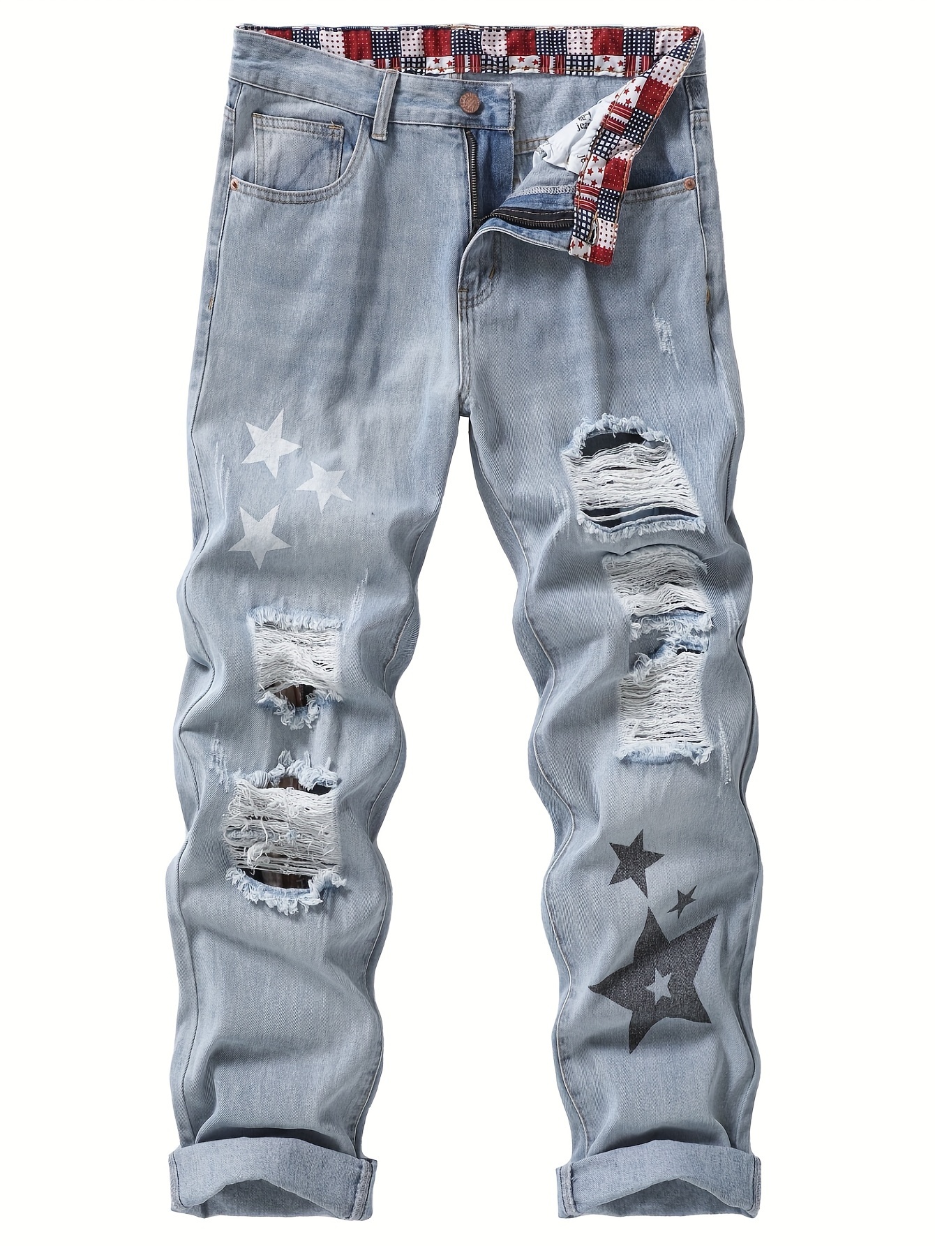 *'s Ripped Straight-Leg Denim Jeans Wash Distressed White Frayed Hem  Knee Rips Non-Stretch Regular Wash Casual Streetwear Frayed He