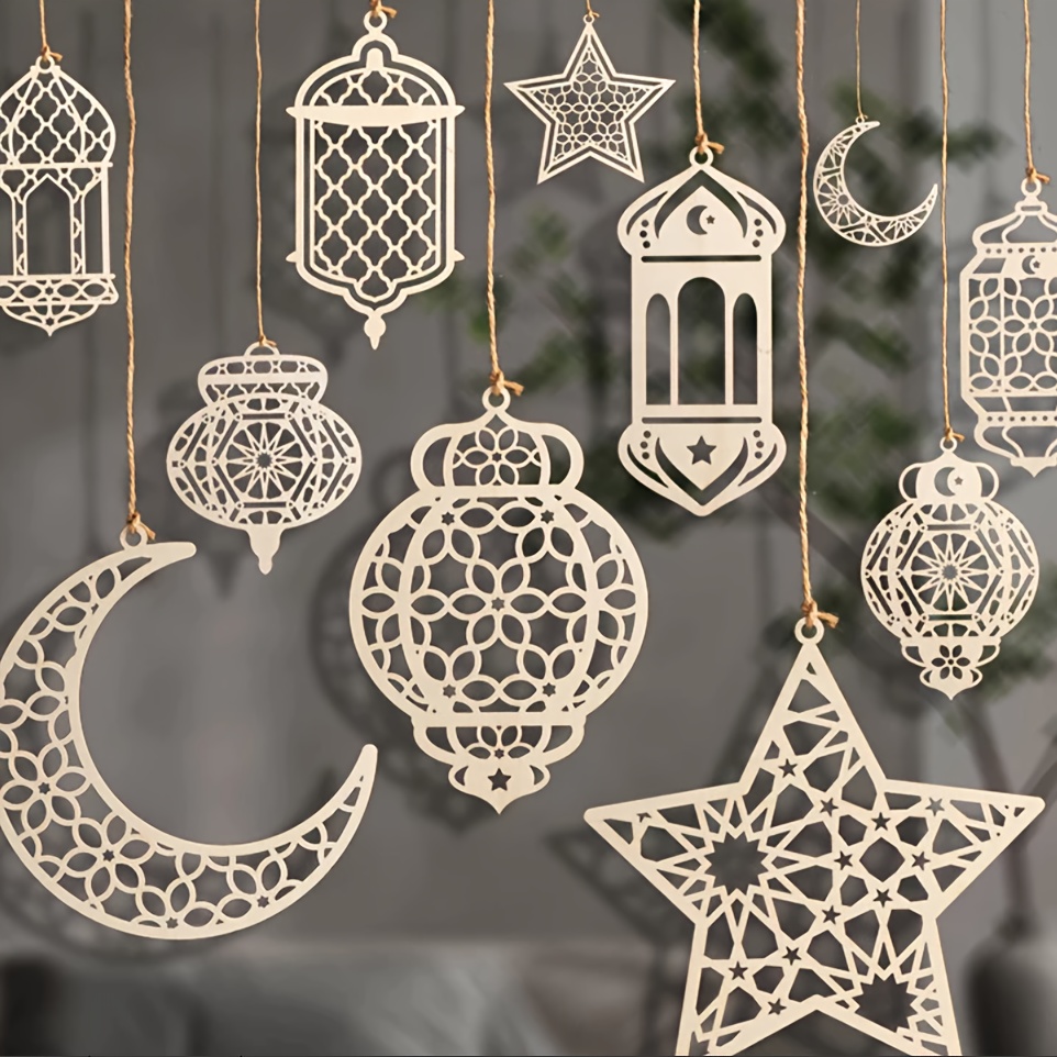 Image of 10pcs Ramadan Wooden Craft Charms, Decorative Pendants And Toppers, Wood Grain Style Hanging Ornaments (with Moon, Star And Castle Patterns) For Eid Al-fitr And Eid - Home Decor Set