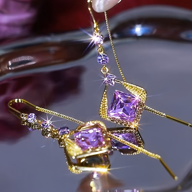 Image of Pair Of Luxurious Temperament Exquisite Golden Inlaid Purple Long Tassel Ear Drop Stud Earrings Daily All-match Vacation Party Date Ear Jewelry