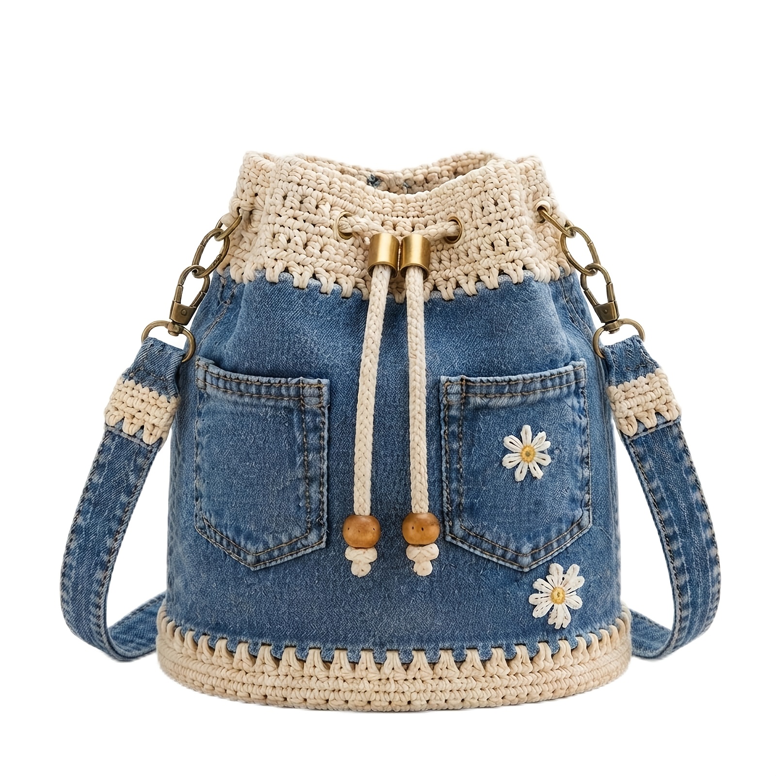 1pc Crochet Bucket Bag, Drawstring Crossbody Shoulder Purse | Boho Handbag For Women, Casual Vintage Tote Bag With Adjustable Strap For Travel, Shopping, Beach & Daily Use